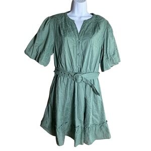 Joie Green Cotton Eyelet Mini Dress Belted Short Sleeve Ruffle Hem Size 12